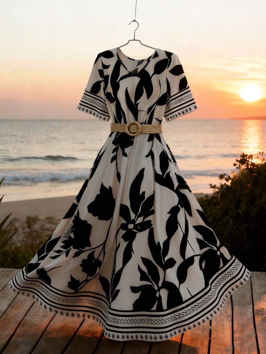 GlowEve Women's Elegant Leaf Print V-Neck Short Sleeve Dress, Summer - Multicolor - View 1