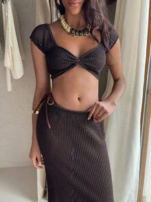 SHEIN Conjunto de saída de praia em malha de cor sólida para férias - Castanho - Ver 6