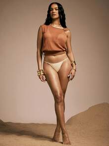 Hauture 女士褶皱装饰针织背心性感办公服 - 卡其色 - 查看 3