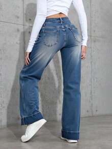 Pantalones vaqueros de piernas anchas para mujeres, tejidos sólidos, botones, materiales opacos y micro - elástico, todos los artículos - Lavado ligero - Ver 4