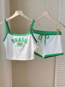 Comfortcana Conjunto de camiseta de tirantes y shorts súper cortos en los colores de la bandera de Brasil - Multicolor - Ver 4