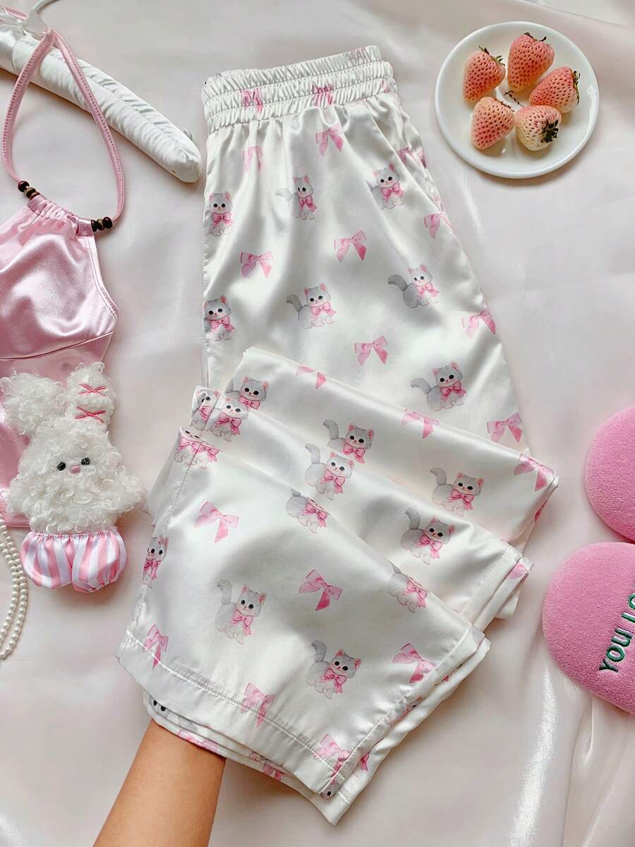 Comfortcana 女士休闲猫咪印花直筒裤 - 杏色 - 查看 1