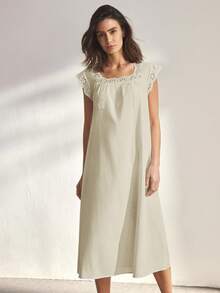 Ocili 100%纯棉柔软舒适荷叶边蝴蝶结睡裙，女士睡衣连衣裙 - 米色 - 查看 2