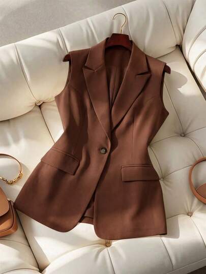 GlowEve CURVE Plus Size Women's Commuter, Notched Collar Design, Decorative Button, Sleeveless Blazer