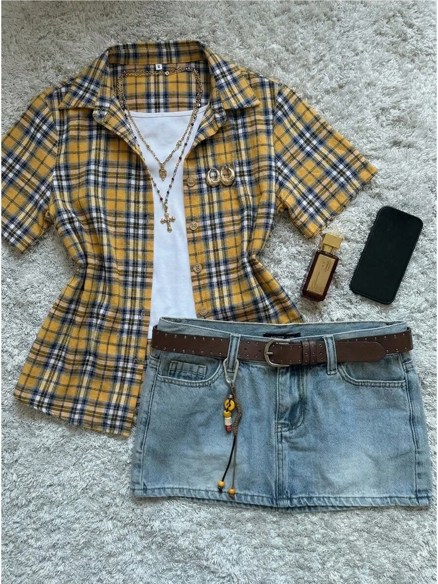 StreetHx 街头风女式格子拉链口袋短袖衬衫 - 黃色 - 查看 1