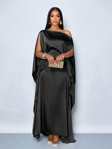 SOLERSUN Robe élégante et pour femmes, de couleur unie, avec col asymétrique, manches chauve-souris fluides et taille marquée. Idéale pour les mariages et les occasions formelles - Noir - Voir 8