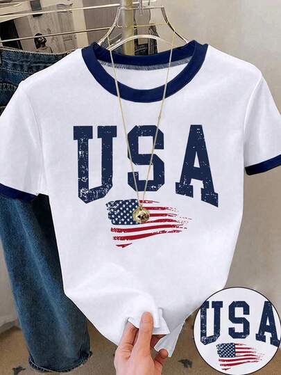 女童短款T恤，复古做旧美国国旗印花，休闲圆领短袖上衣，适合青少年和女孩日常穿着，舒适百搭。