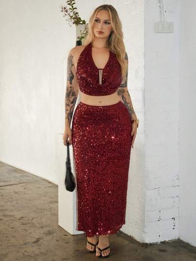 Arliah 新款女士酒红色亮片露背系带上衣搭配迷你裙两件套，性感派对套装，约会之夜两件套，优雅女士套装，亮片刺绣闪光服装