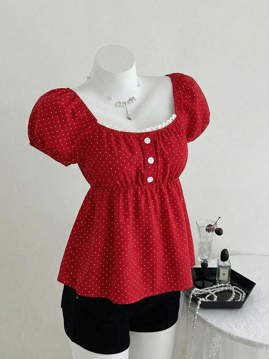 Áo kiểu vintage ngọt ngào cho bé gái: Viền ngọc trai + chấm bi trắng, tay phồng ngắn, cổ vuông, eo nhún, mỏng nhẹ, không bồng bềnh, kiểu áo rộng rãi thoải mái, thích hợp cho hẹn hò/đi chơi hàng ngày, mùa xuân & hè. - Đỏ - Xem 1