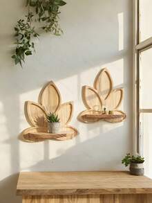 1/2 Pieces Natural Wooden Lotus Wall Rack - Bohemian Zen Floating Rack, Arc-Shaped Leaf Design, Pine Wood Material, Simple Wall-Mounted Storage Rack, Suitable For Living Room, Bedroom, Bathroom, Meditation Space - Space-Saving Decorative Storage Rack (Easy To Install) - Brown - View 2