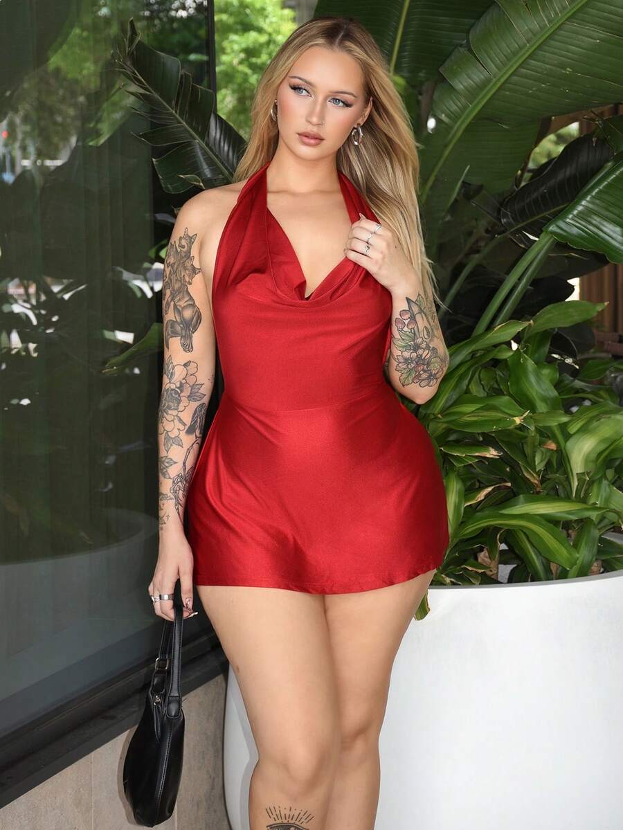 Arliah Glamine Elastic Satin V-Neck Backless Party Mini Dress For Women Red Christmas Party Dress New Year Women's Clothes Women Sexy Deap V Neck Mini Party Dress - Red - View 1