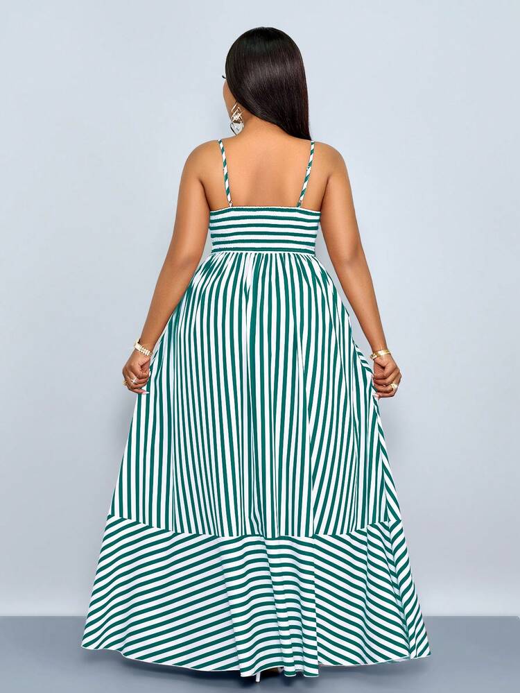 SOLERSUN Vestido maxi de estilo fluido y con rayas para mujer de talla grande, con tirantes, bolsillos, recogido en el pecho, para vacaciones, playa, ir al trabajo, uso casual diario, elegante (estampado de flores aleatorio), vacaciones de lujo tranquilo - Verde - Añade 7