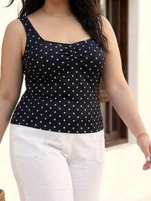 ELLERISSA 女士优雅方领褶皱波点吊带背心，黑白波点无袖修身吊带衫，休闲日常背心，大码女式上衣，叠穿上衣，波点方领背心，夏季穿着，度假上衣 - 黑色 - 查看 5