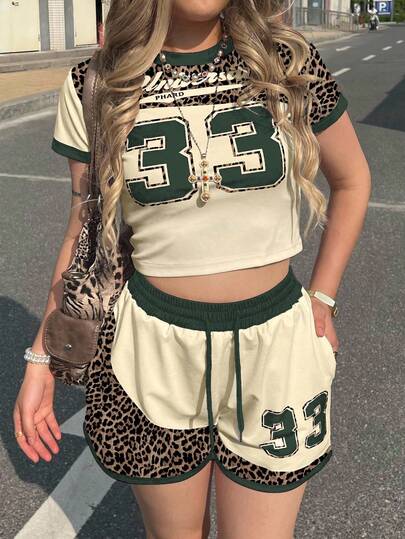 INAWLY 2 件套女士时尚豹纹图案和数字印花 T 恤和短裤套装，适合夏季