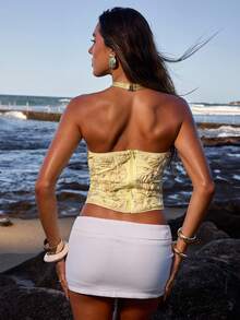 SHEIN BAE 女士休闲度假珍珠花卉纹理露背吊带背心，适合海滩度假、姐妹度假、休闲外出、姐妹约会、浪漫约会、度假、音乐节等场合，Y2K风格吊带背心，适合音乐节穿搭，魅力黄色吊带背心，黄色纹理吊带背心 - 黃色 - 查看 2