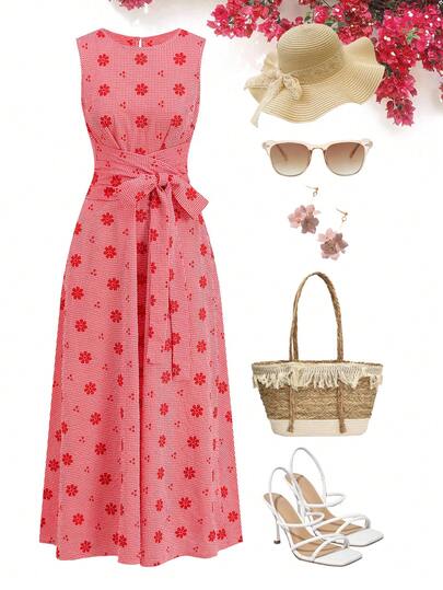 Ellevyn فستان أنيق بنقشة مربعات حمراء وزهور للعطلات