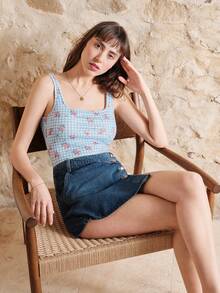 lacRébo Blue Gingham Floral Bodysuit With Rose Detail And Open BackRib Fabric Spring Summer French Style Parisian Style - Blue - View 1