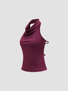Sweetra Tank Top Model Halter Leher Tinggi Elegan dengan Bagian Belakang Silang Elastis yang Dapat Diatur - Red Violet - View 3