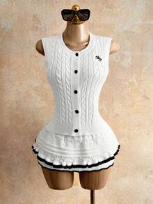 Mistrie Women's White Knit Button Sweater Vest Top Twisted Rope Sleeveless Casual Autumn Elegant And Classy School Back-To-School Patchwork Summer Tops - White - View 4