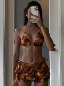 Swim SXY 女士春夏豹纹随机图案露背短款上衣、半身裙和串珠三件套比基尼 - 彩色 - 查看 2
