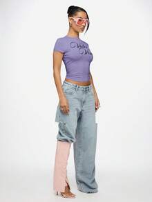 SUMWON WOMEN Video Vixen Retro Script Crop Top With Short Sleeves And Crew Neckline Graphic Tee Style Fitted Cotton Casual - Lilac Purple - View 8