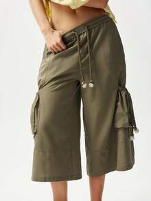 Bohemela Boho Spring/Summer Women's Pants, Green Woven Casual Pants With Relaxed Lazy-Style Cargo Pocket Design, Suitable For Going-Out Outfits, Valentine's Day Outfit, Women's Vacation Outfit, Music Festival Outfit, Women's Holiday Outfit, Beach Vacation Outfit, Back-To-School Outfit, Carnival Costume, Easter Outfit, Women's Summer Outfit - Army Green - View 3
