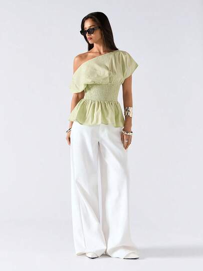 LYSMO 女士夏季休闲纯色不对称领收腰衬衫