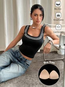 Siren Gaze Áo lót hai dây đính đinh tán, áo tank top nữ kiểu vintage - màu đen - Xem 8