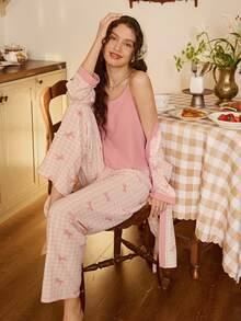 Tulorae 3pcs Colorblock Crinkle Fabric Bow Print Pajama Set For Women - Pink - View 3