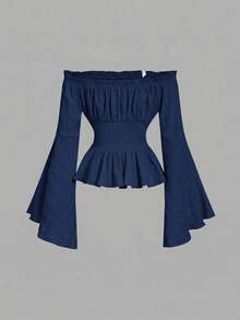 SHEIN MOD Blusa de un hombro con volantes, con cordones en el frente, busto fruncido y bajo con volantes, de color blanco - Azul Marino - Ver 9