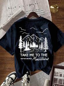 EMERY ROSE Women's Casual Vacation & Commute Mountain & Tree Graphic Print Short Sleeve T-Shirt, Summer - Navy Blue - View 5