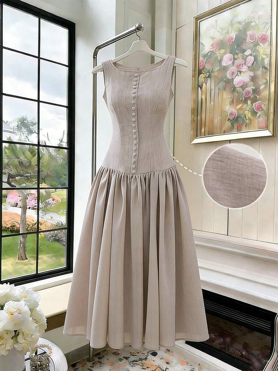 Franclia 纯色亚麻质感收腰复古优雅度假连衣裙，女士款 - 卡其色 - 查看 1