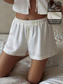 DAZY Quần short satin tối giản màu trơn nữ, quần ngủ thoải mái cho đồ ngủ mùa hè - trắng - Xem 5