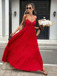 Pariaura Women's Solid Color Ruffle Hem Camisole Dress - Burgundy - View 3