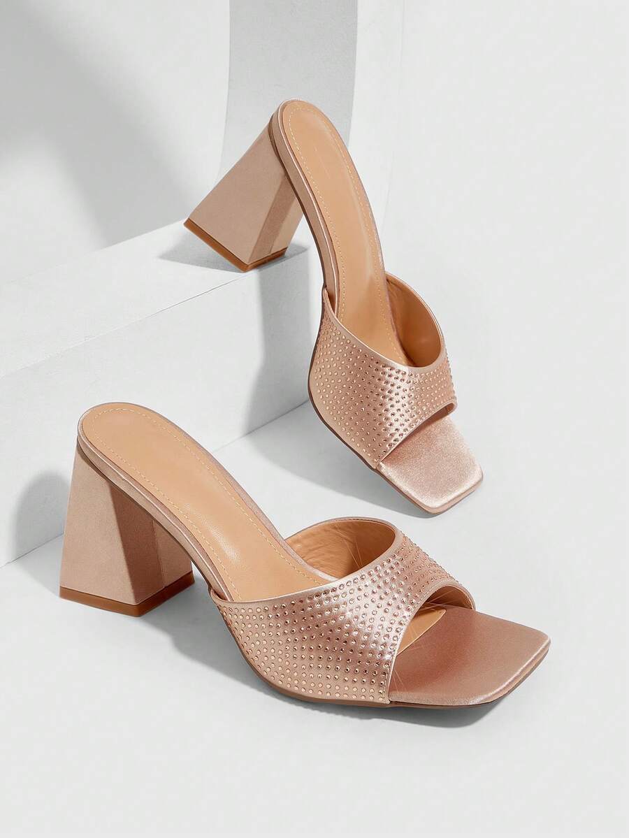 CUCCOO SZL 女鞋 新款简约时尚高跟鞋 配色布艺粗跟 特殊鞋跟 方头 亮片水钻 性感百搭 通勤 节日 春夏 四季 职场 派对 约会 街头时尚 经典凉鞋 优雅女鞋 - 香檳色 - 查看 1