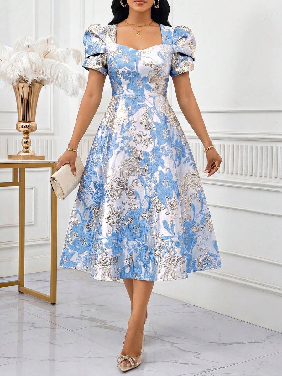 SHEIN Lady 女士花卉提花甜心领花瓣袖优雅连衣裙 - 彩色 - 查看 1