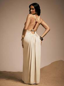 Hauture Đầm maxi hở lưng cổ cao gợi cảm dành cho nữ, trang trí bằng vòng tre và hạt gỗ. - Màu be - Xem 1