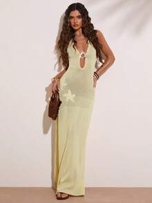 SHEIN BAE Casual Romantic Vacation Star Sequins Beaded Tie-Up Sweater Dress For Women - Light Yellow - View 1