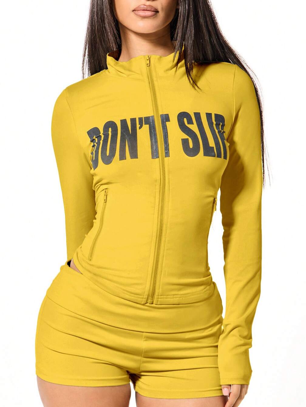 SUMWON WOMEN Fitted Zip Through Funnel Neck Slogan Sweatshirt