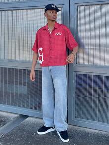 Ngobest Haus Ngobest Haus 男士字母格纹宽松短袖梭织红色衬衫，街头风 - 彩色 - 查看 1