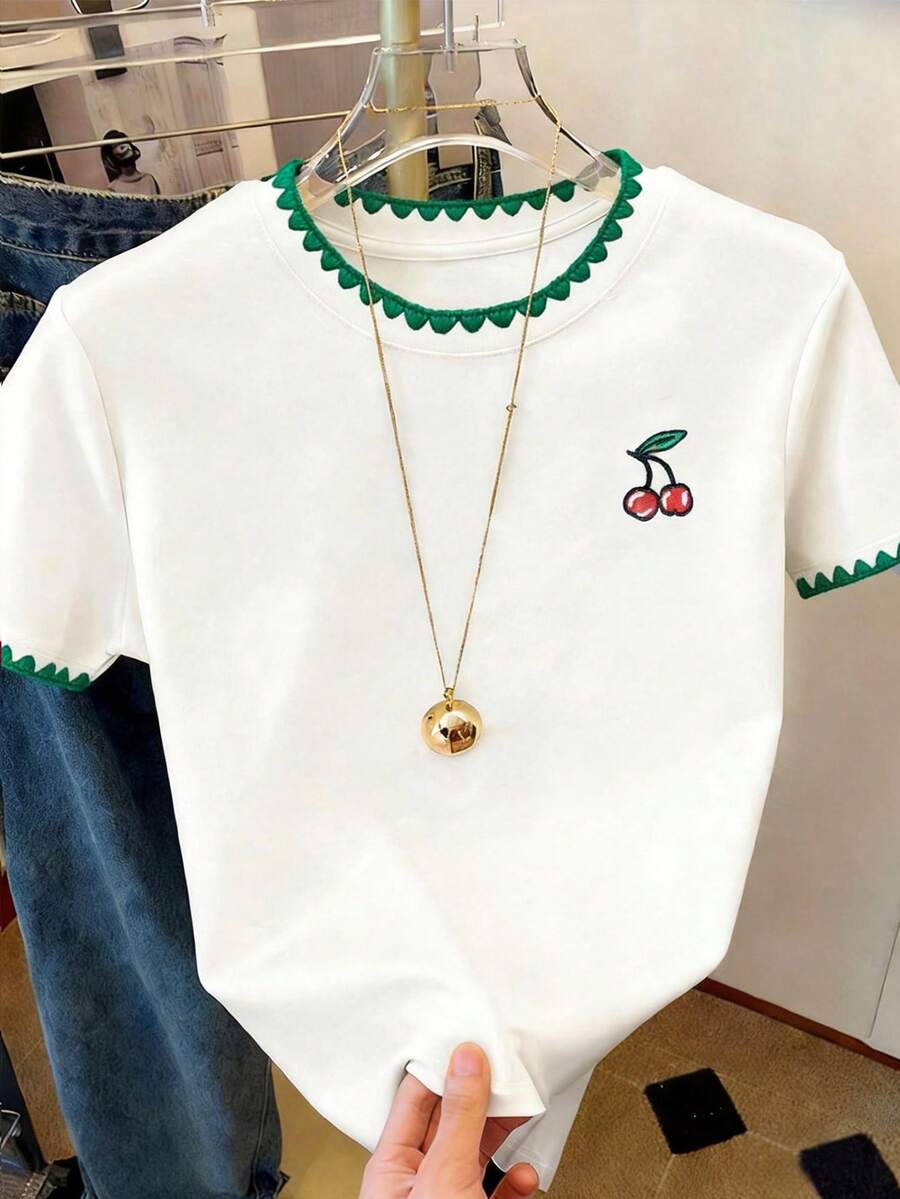 Resyla Áo thun nữ mùa hè thiết kế mới, họa tiết răng chó và thêu quả anh đào, màu trắng, thời trang và đa năng, phù hợp cho các buổi hẹn hò, áo thun ngắn tay nữ. - Nhiều màu - Xem 1