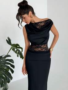 Firerie 女士优雅性感蕾丝拼接不对称领T恤，夏季 - 黑色 - 查看 4