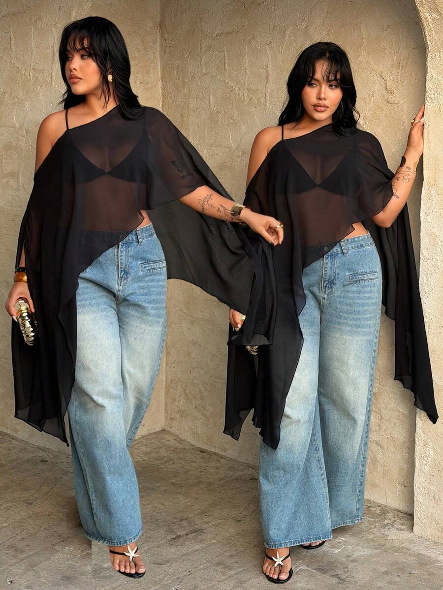 Rustia Áo kiểu nữ cỡ lớn thời trang và thanh lịch màu đen bằng vải chiffon hơi xuyên thấu, vạt áo bất đối xứng, vai bất đối xứng, áo một vai mùa xuân/hè, áo hở vai cỡ lớn, trang phục đi nghỉ mát cho người có thân hình đầy đặn, áo bất đối xứng, áo xuyên thấu cỡ lớn, áo đen xuyên thấu cỡ lớn, áo một vai, áo choàng xuyên thấu cỡ lớn, áo poncho xuyên thấu, bộ đồ denim cho nữ, trang phục 2 mảnh cho nữ có thân hình đầy đặn, quần jeans nữ cỡ lớn, áo poncho xuyên thấu, áo choàng xuyên thấu, trang phục mùa hè cho nữ cỡ lớn. - màu đen - Xem 1