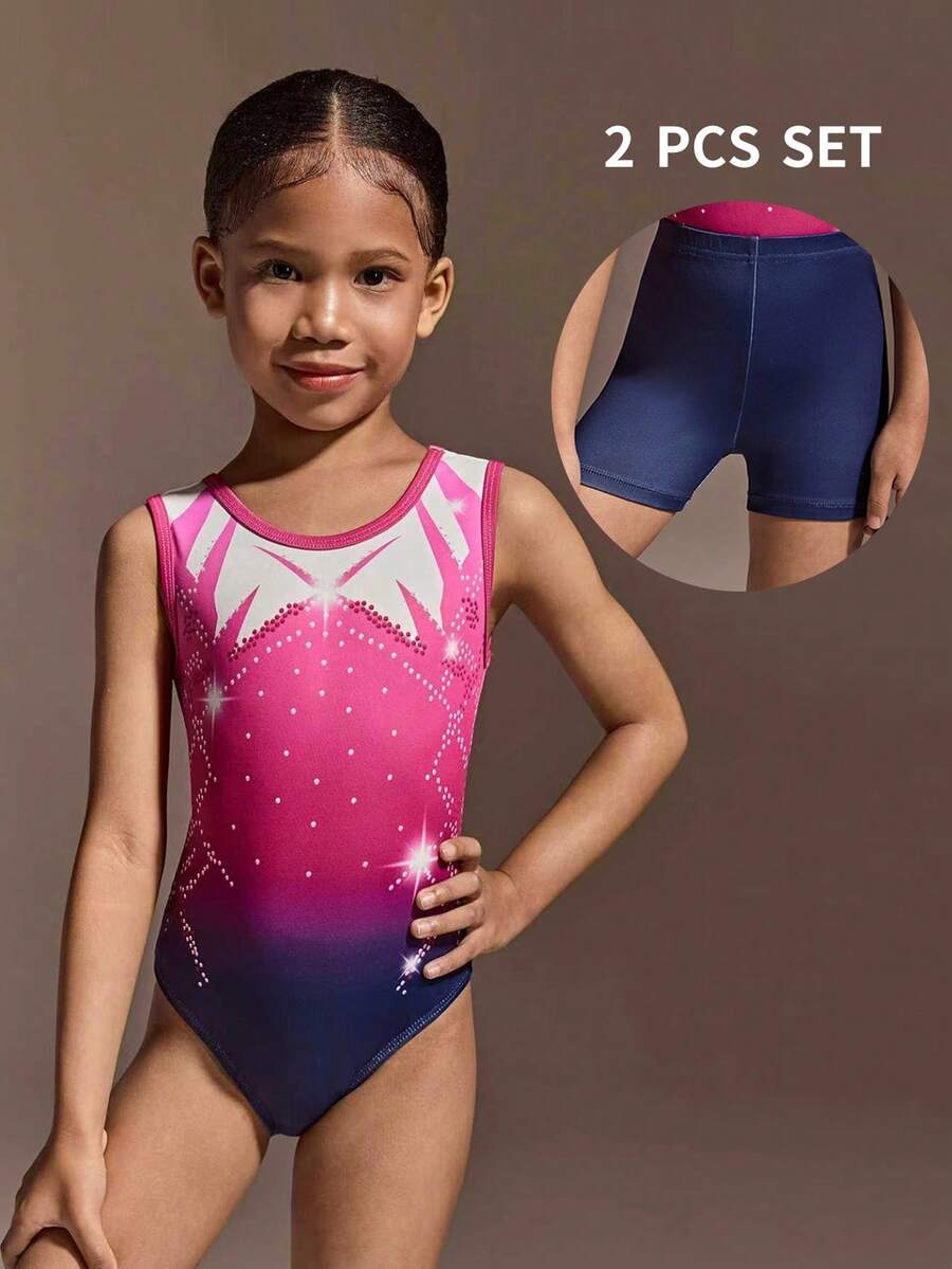 2pcs Girls' Activewear Set,Black And Purple Gradient Print Leotard,Soft Stretchy Fabric,Suitable For Gymnastics,Summer,Gym,Sport Training Exercises - Multicolor - View 1