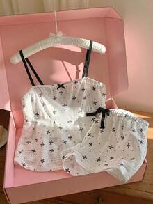 Comfortcana Women's Bow Print Camisole And Shorts 2 Pieces Set, Summer Outfit For Women - White - View 4