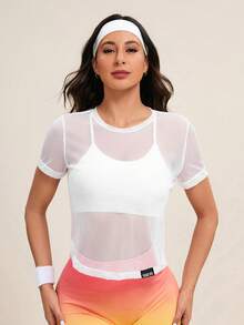 SHEIN Cheerettes Women's Letter Patchwork Round Neck Short Sleeve Hollow Out Sports T-Shirt Gym Shirts - White - View 4
