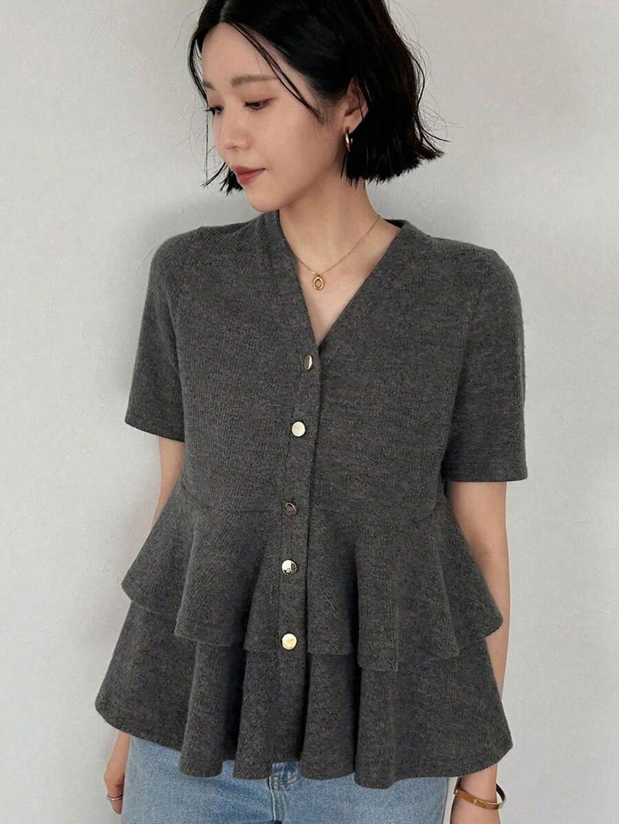FRIFUL Women's Solid Color Textured Fabric Short Sleeve Pleated Ruffle Hem Loose Casual Versatile T-Shirt, Spring/Summer - Grey - View 1