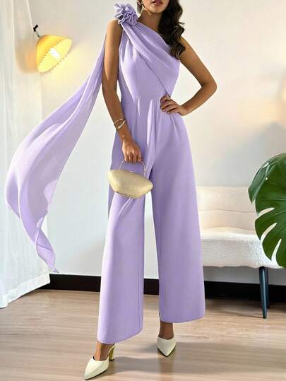 Rafferiza New Fashionable And Elegant Women's Jumpsuit With A One-Shoulder Neckline, Pleated Waist, Pearl-Embellished Chiffon, Flowing Shoulders, And Wide Legs; A Playful Purple Jumpsuit For Wedding Guests; A Three-Dimensional Floral Jumpsuit For Women; And A Purple Summer Jumpsuit For Parties. One Shoulder Jumpsuit Lavender Jumpsuit Elegant Jumpsuit Lavender Outfit Lavender Outfit Woman Trending Outfit Pants Suits For Woman Elegant Latest Outfit For Women