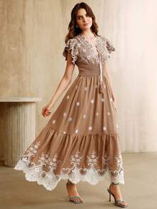 Anewsta Vestido Longo Vintage com Recortes de Renda Bordada, Decote em V, Manga Curta e Cintura Marcada - Café - Visão 7