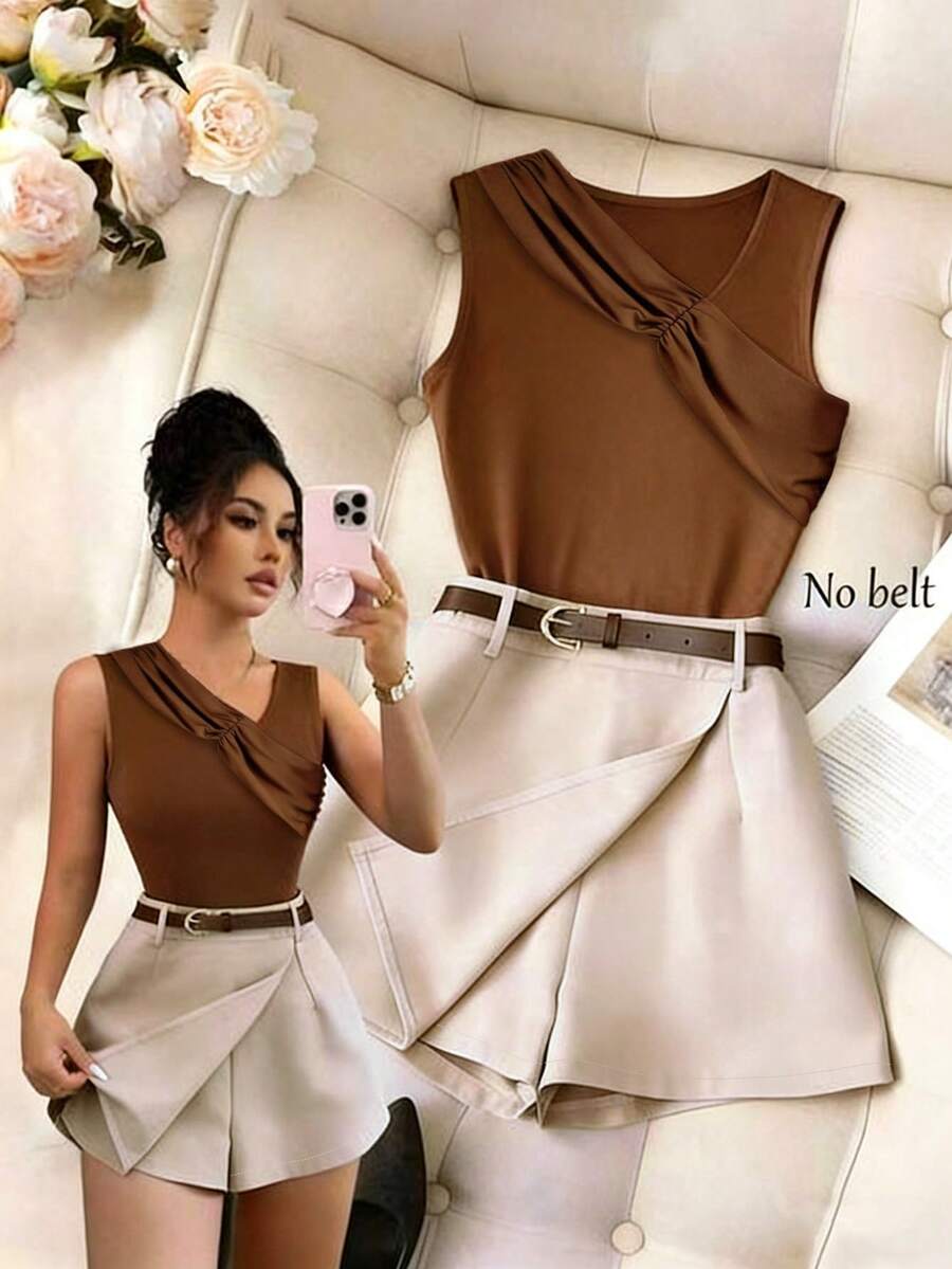 GlowEve CURVE Plus Size Women's Summer Elegant 2-Piece Set Ruched Camisole And Skorts,Beige Summer Smart Casual Wedding Guest Outfits,Solid Color Commuter Classy - Brown - View 1